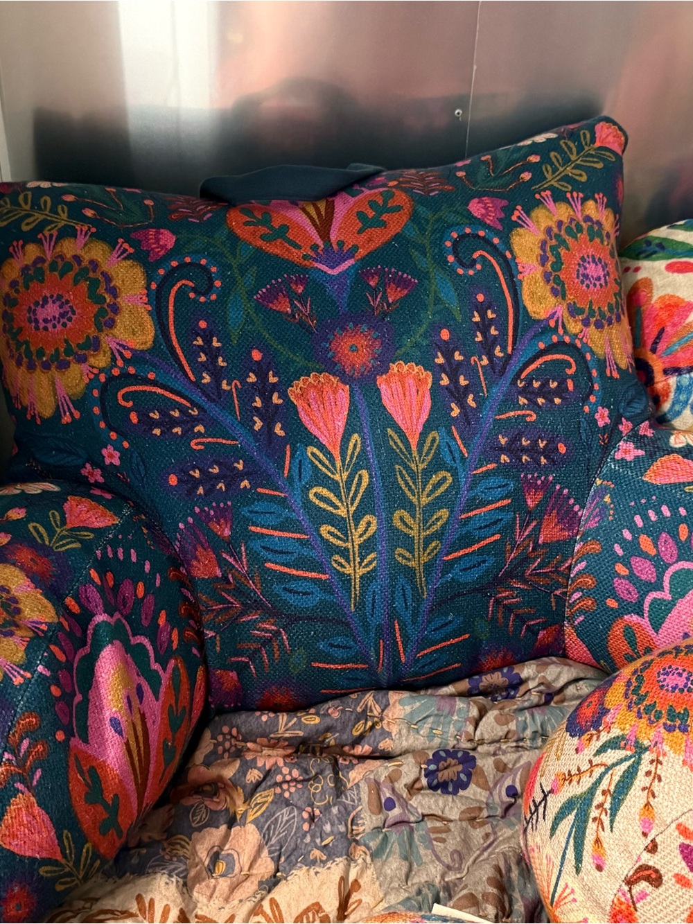 Natural Life Boho Backrest Pillow - Navy Folk Garden